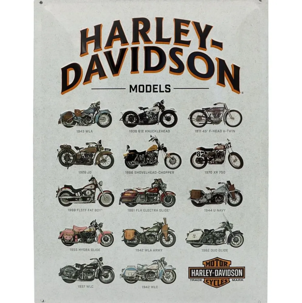 Harley-Davidson - Models - 14 cyklar - Plåtskylt - 30x40 cm