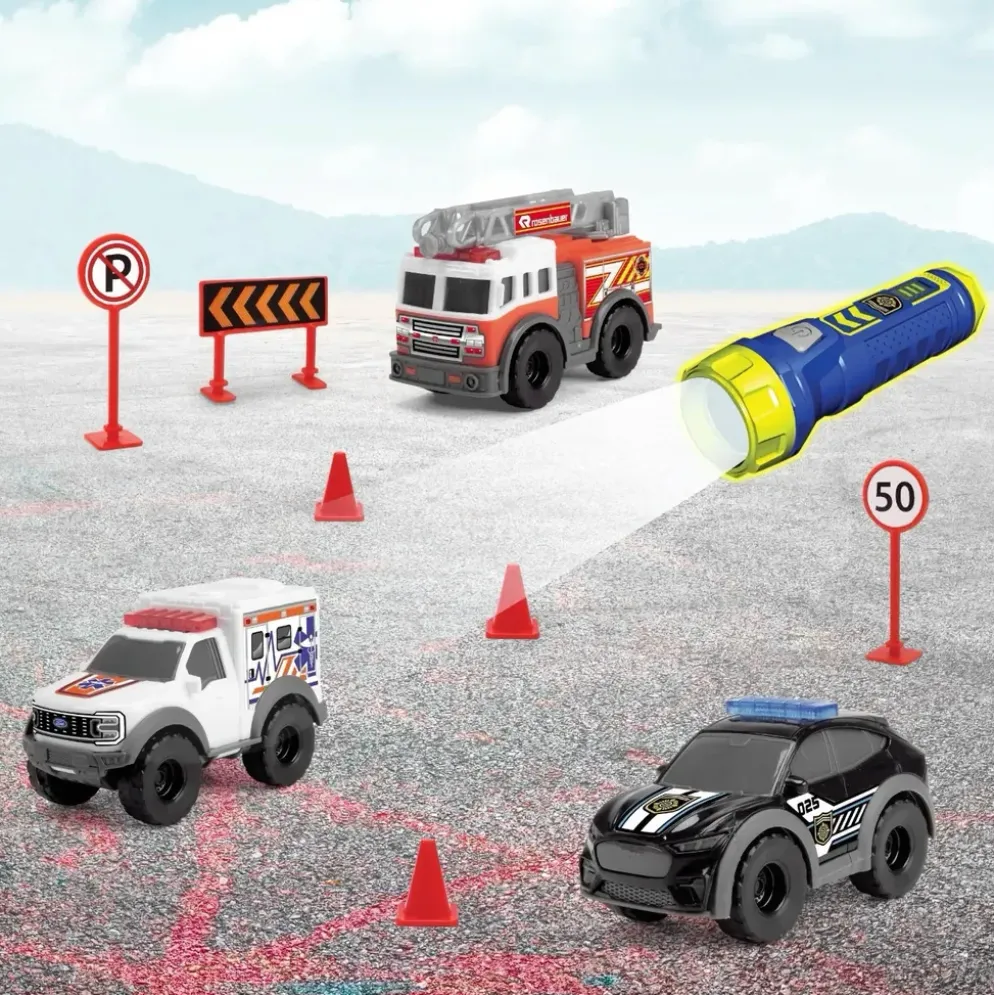 Micro SOS Playset - 3 utryckningsbilar och ficklampa - Dicke Toys
